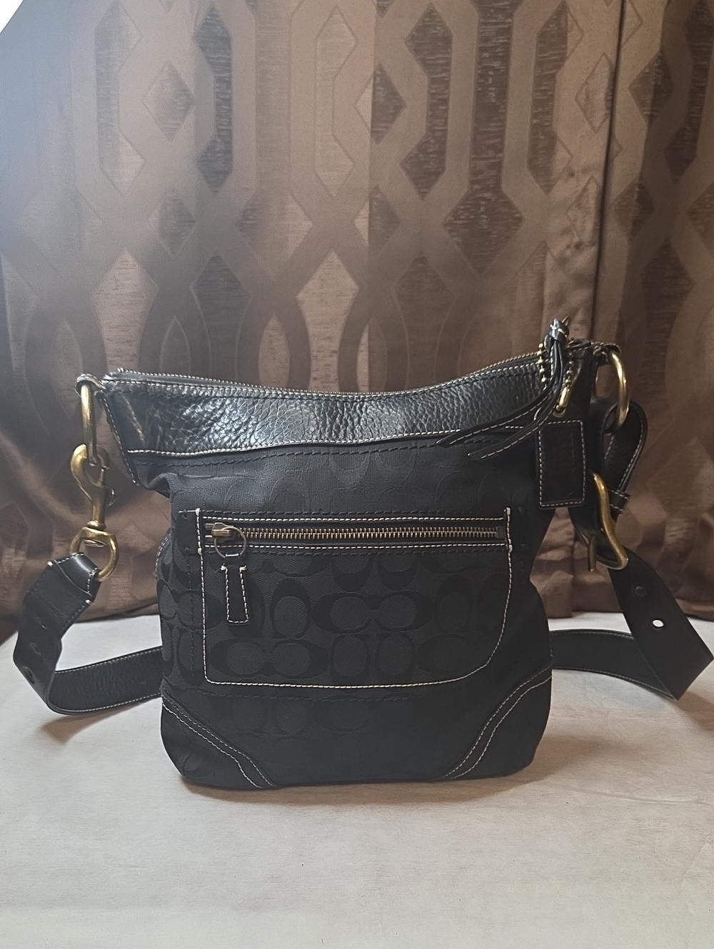 Vintage Coach Black Signature Canvas Crossbody with Gold-Tone Hardware